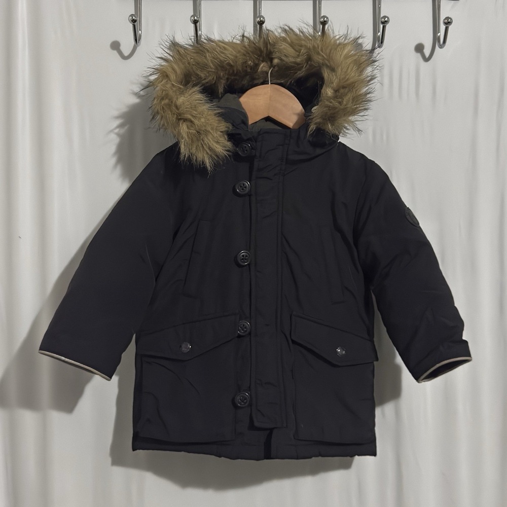 Size 18- 24 Months -  Baby GAP Boys Down Parka Coat Jacket Black Faux Fur